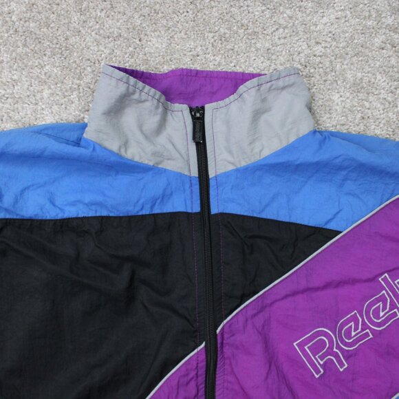 VTG Reebok Windbreaker Mens Medium Purple/Blue/Black Spell Out Jacket Coat - Picture 5 of 14